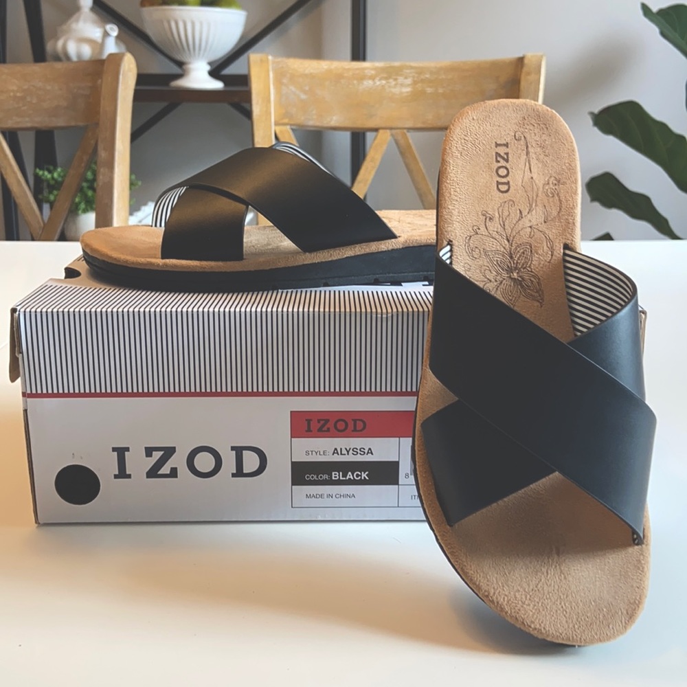 Brand new in box! IZOD “Alyssa’” slip-on black sandals. SZ 6.5